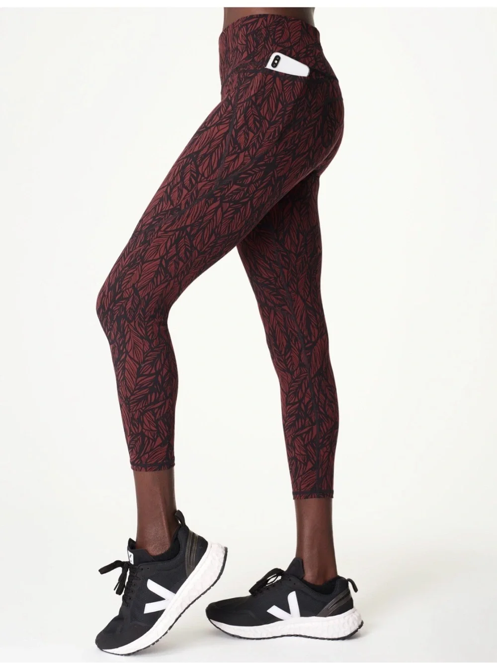 Sweaty Betty Burgundy Leaf-Print High-Waist 7/8 Leggings